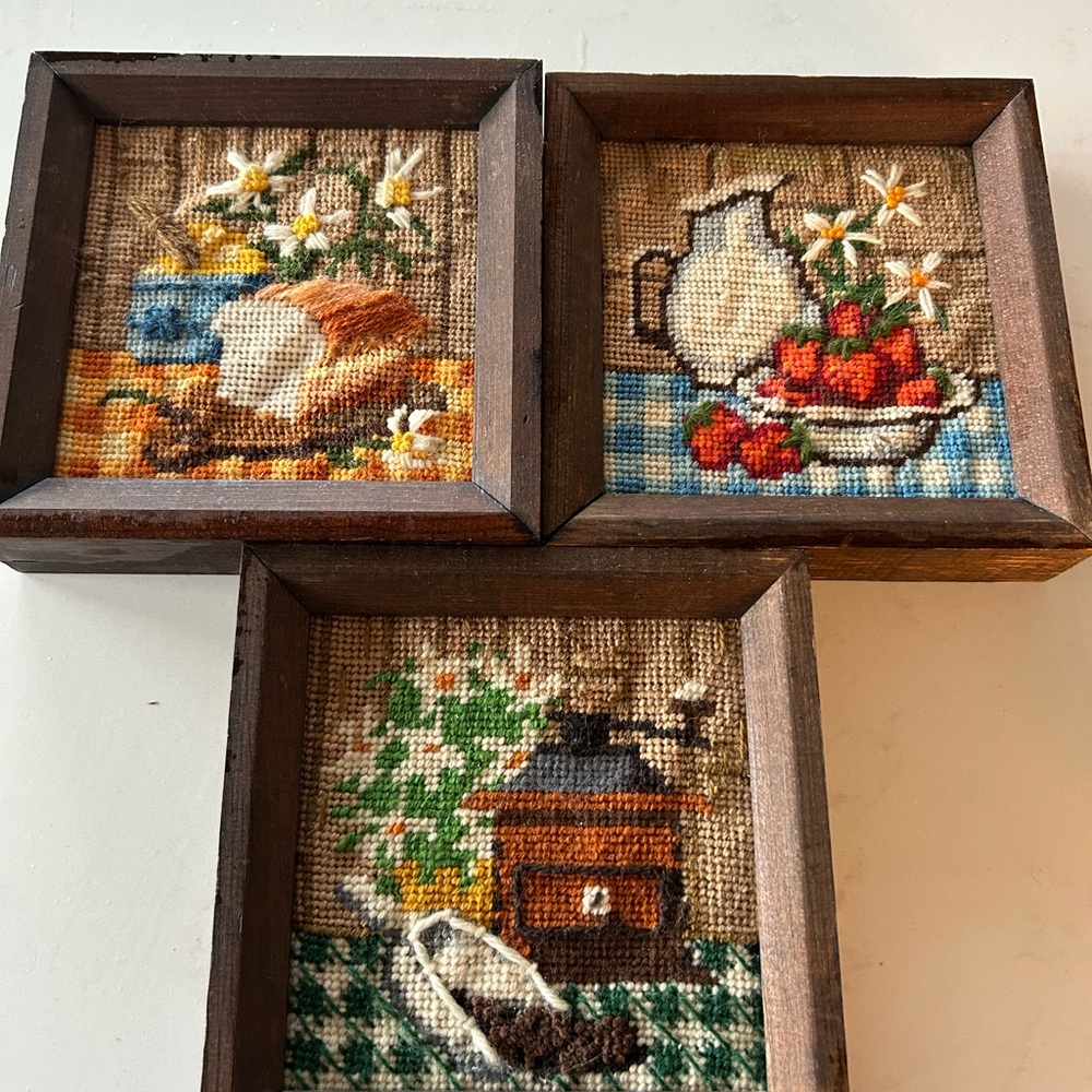 Vintage Framed Cross Stitch Still Life Scenes- Floral, Fruit & Coffee Motifs - Picture 10 of 16